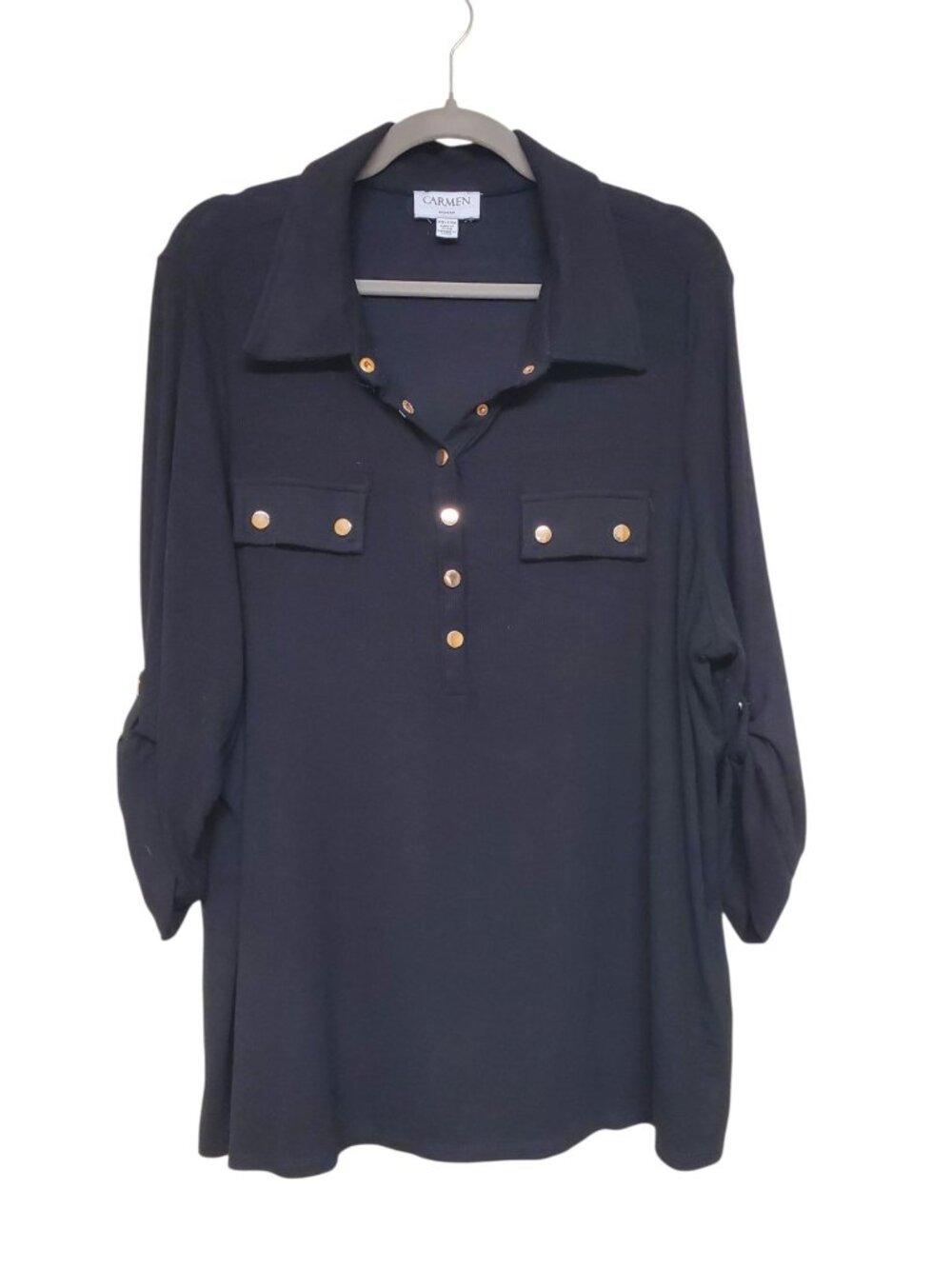 Carmen Marc Valvo Woman's Black Rib Knit Roll Tab Sleeve 1/4 Button Top Plus 2X
